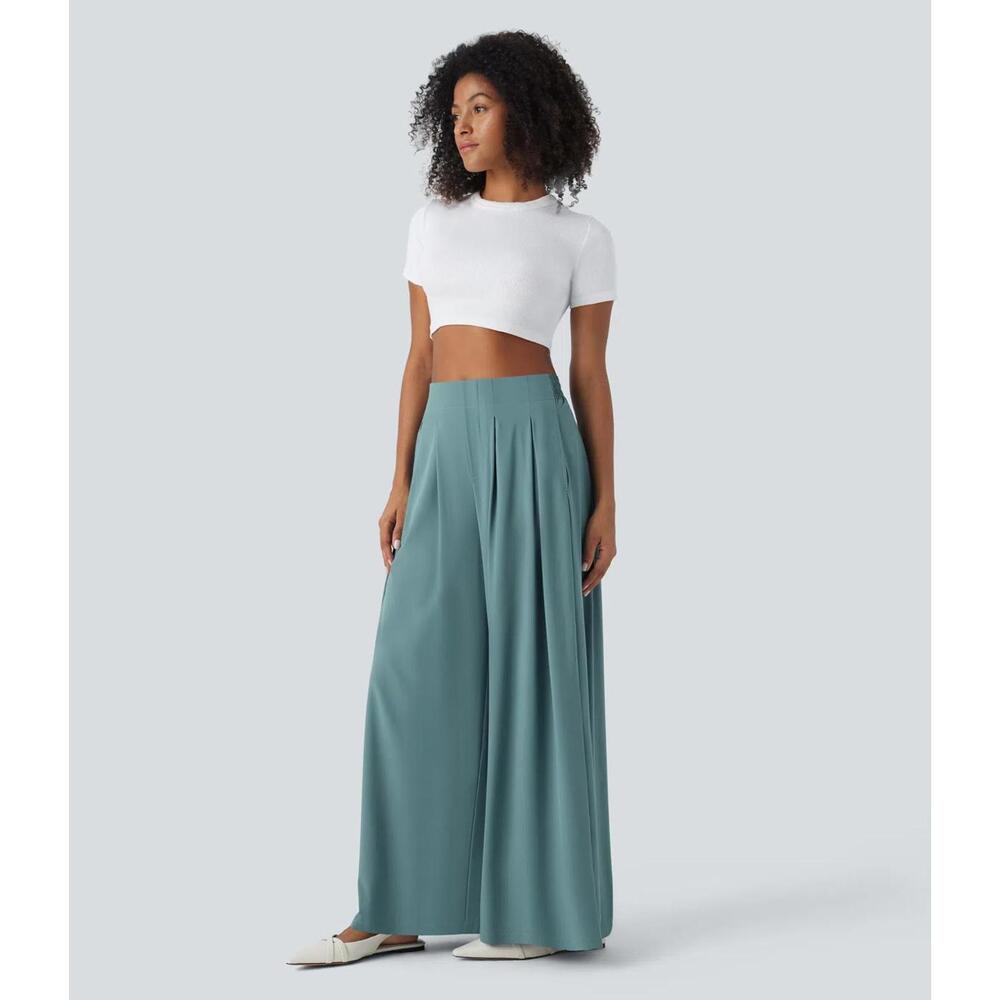 NWT Halara Breezeful High Waist Shirred Flowy Palazzo Casual Pants Stone Blue, M - Picture 10 of 13